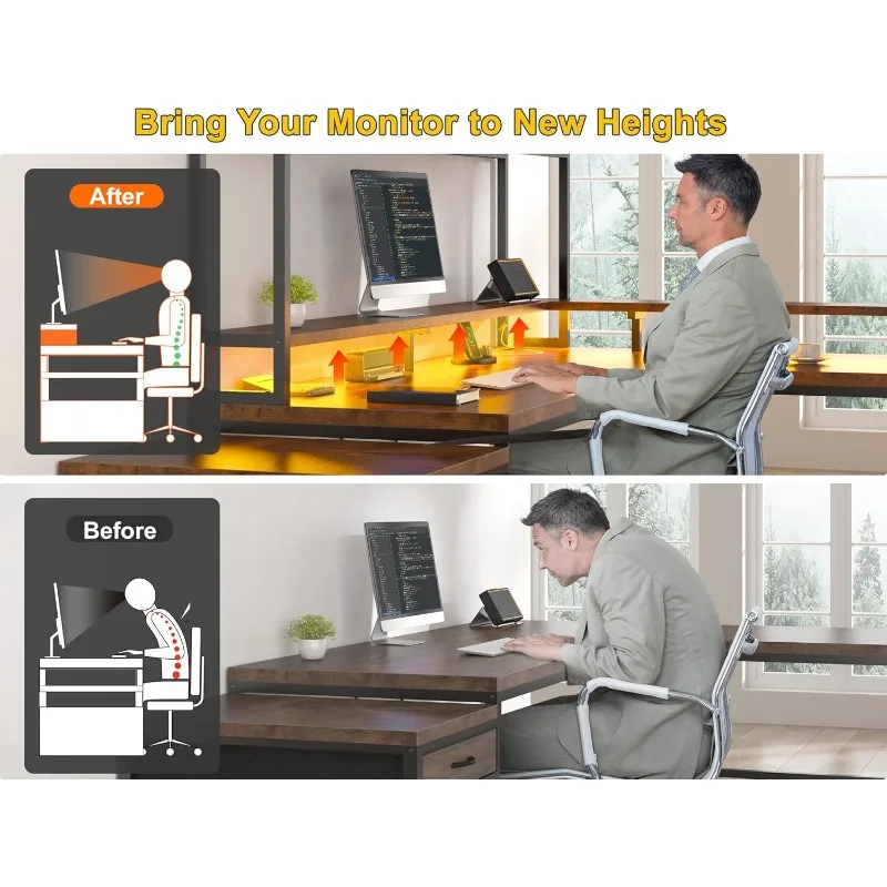 Mesa em forma de L de 64 x 60 polegadas com gaiola e gavetas, mesa de computador de canto reversível com prateleira para monitor, mesa para duas pessoas