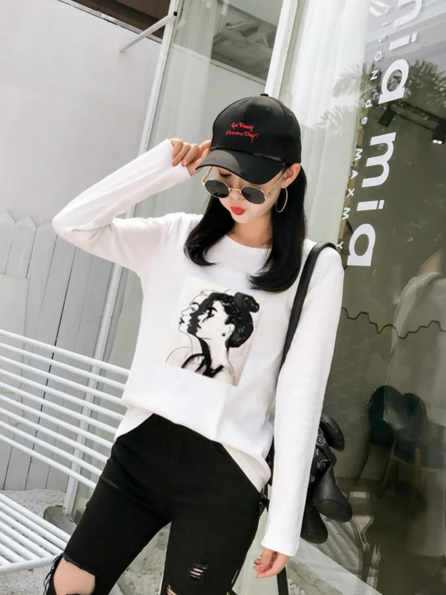 Loose Long Sleeve T-Shirt Women's Student Base Shirt Top Trendy Korean Style Personality Head Print Autumn Fashion 