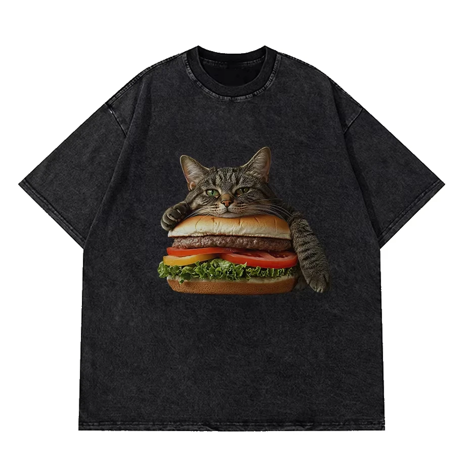 

Hamburger Space Cat T-shirt Funny Tops & Tees Newest Round Collar Print Short Sleeve Pure Cotton Women's T-shirts Tops Shirt
