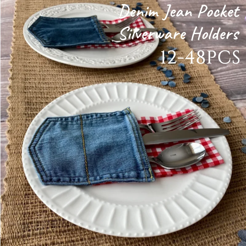 

12-48PCS Denim Jean Pocket Silverware Holders Jean Pocket Flatware Holder Customized Denim Napkin Holder Birthday Party Dinner