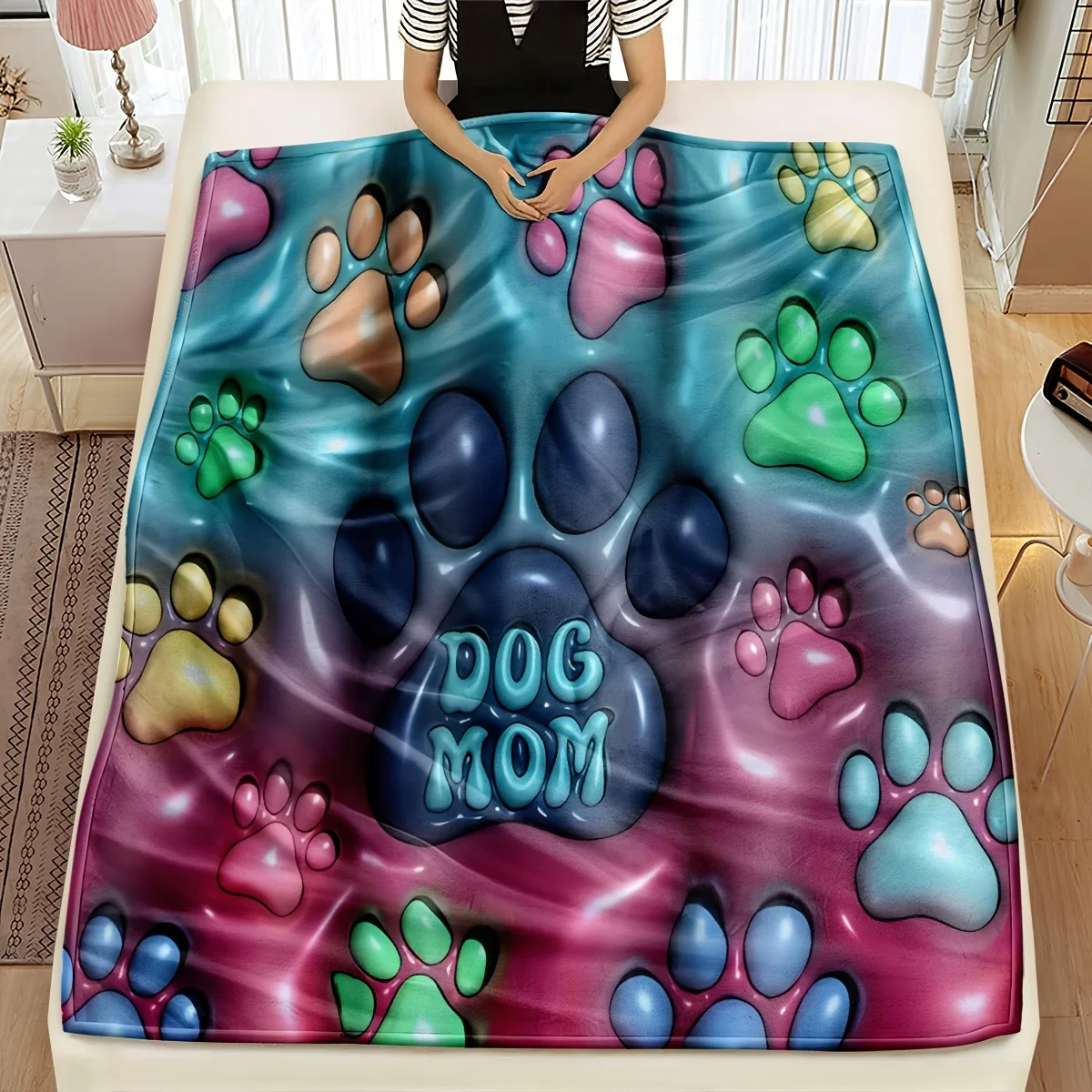 

Vibrant Dog Mom Blanket Soft Cozy Pet Lover Gift Colorful Paws Design Warm Fleece Bedspread Unique Home Decor 173x218cm