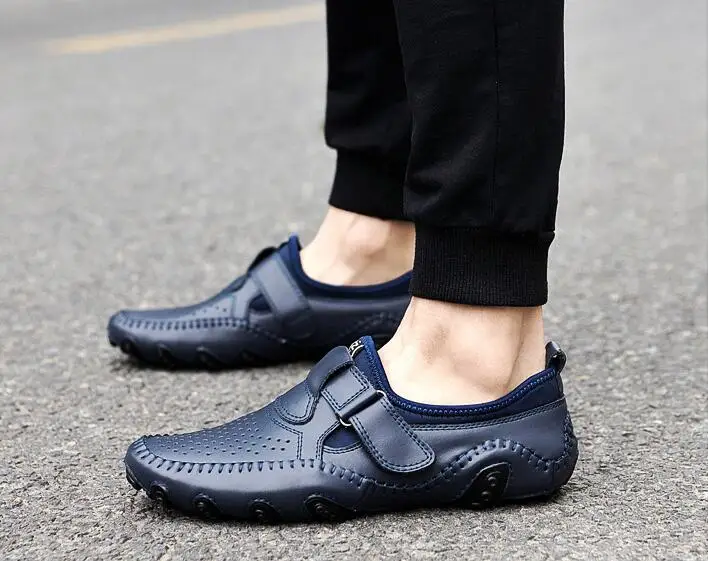 Genuine Leather Men Shoes Casual Hollow Out Men Loafers Summer Breathable Driving Shoes Slip on Shoes