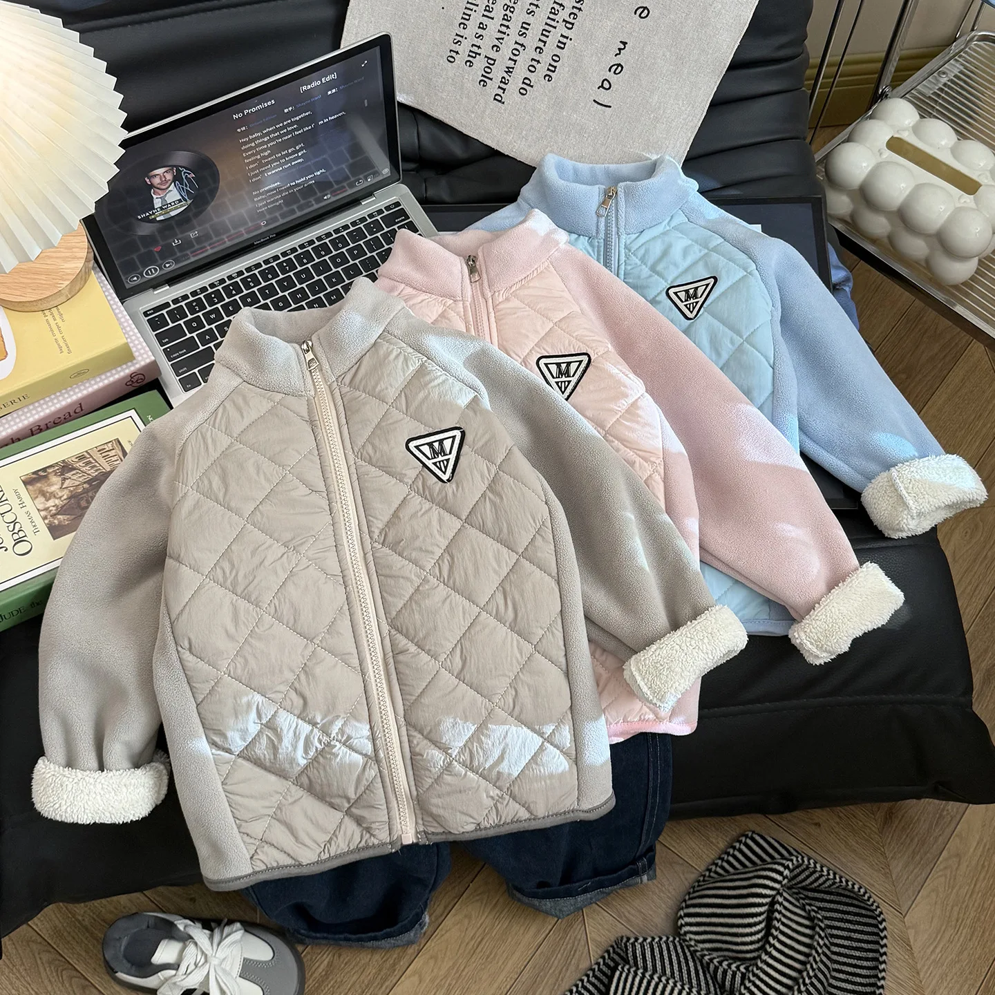 Winter Warm Quilted Cotton Kids Coat Fleece Thicken Stand Collar Diamond Quilting Jacket for Boys Girls Korean Children Clothes