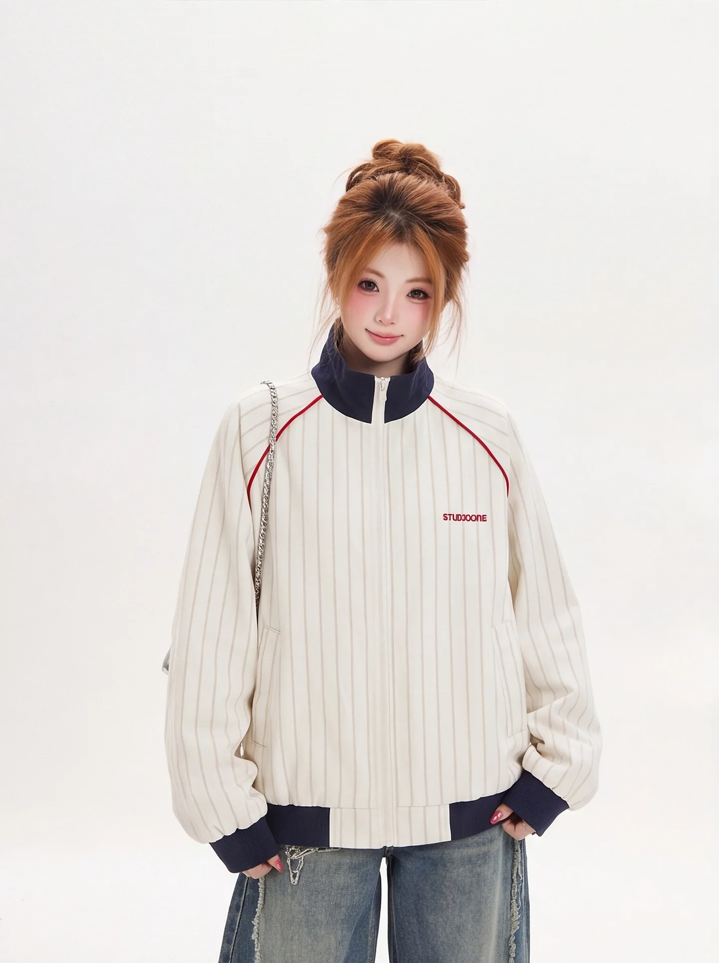 Casual Style Ant Short Zipper Jacket Women's Loose Fit Striped Stand Collar Coat Trendy Brand Autumn New Arrival