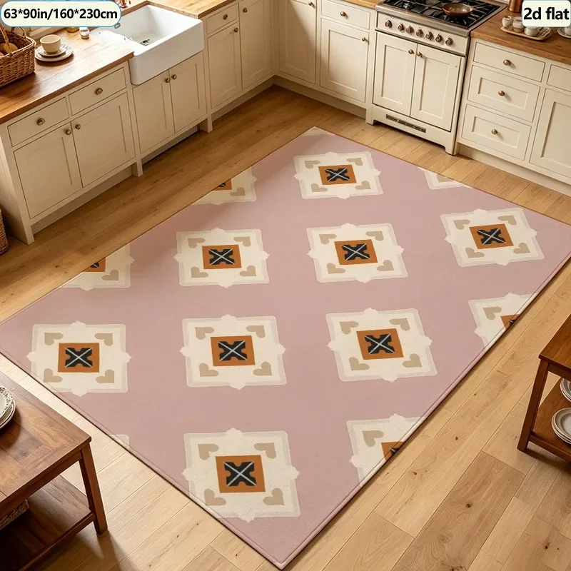 Boho Retro Diamond Tile Carpet Flooring Geometric Rhombus Print Area Rug Soft Non‑Slip Floor Rug for Bedroom Living Room Decor