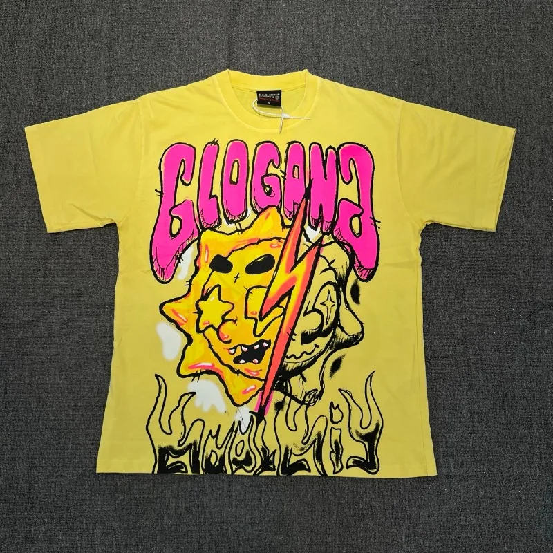 Grunge Hip Hop T-Shirt Men's Glo Gang Neon Flame Cartoon Oversized Cotton Top