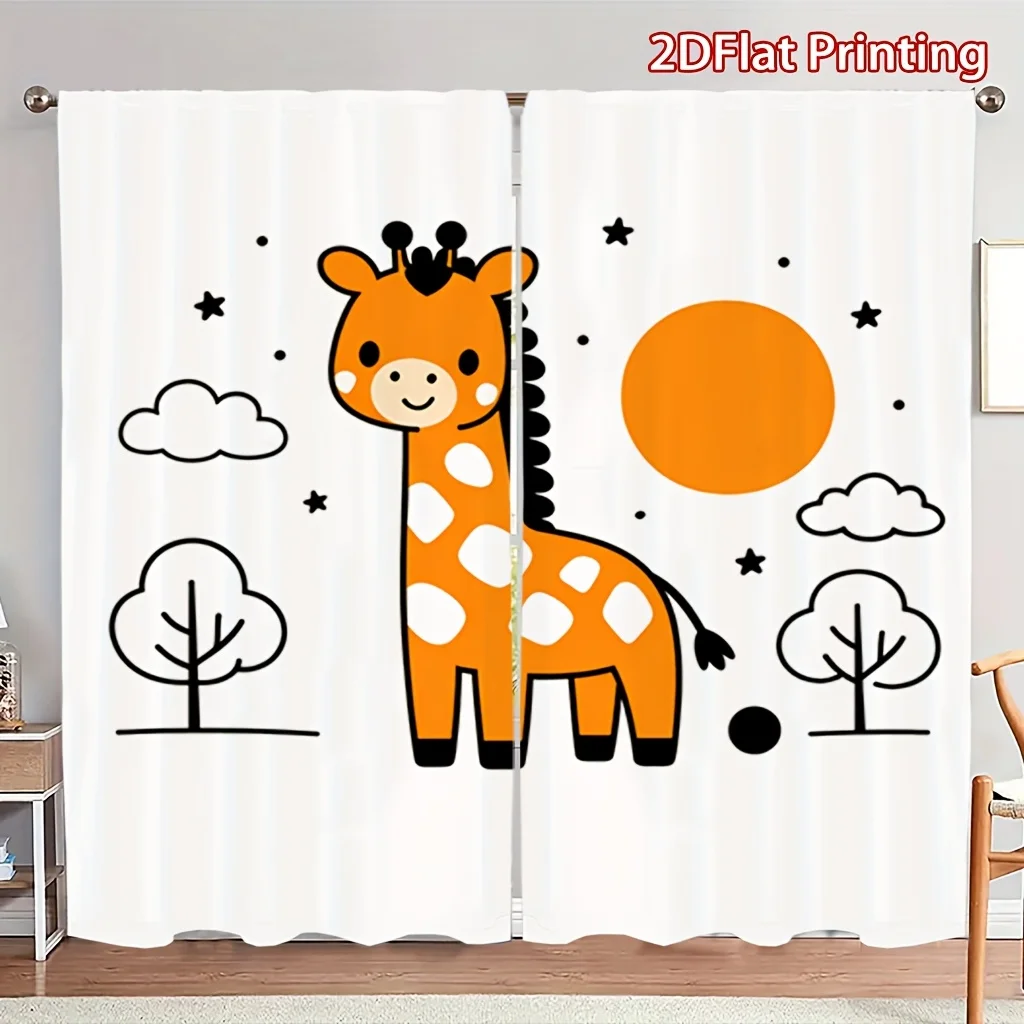 Cute Giraffe Print Rod Pocket Semi Sheer Curtains 2 Panel Light Filtering Animal Drapes for Living Room Bedroom Decor