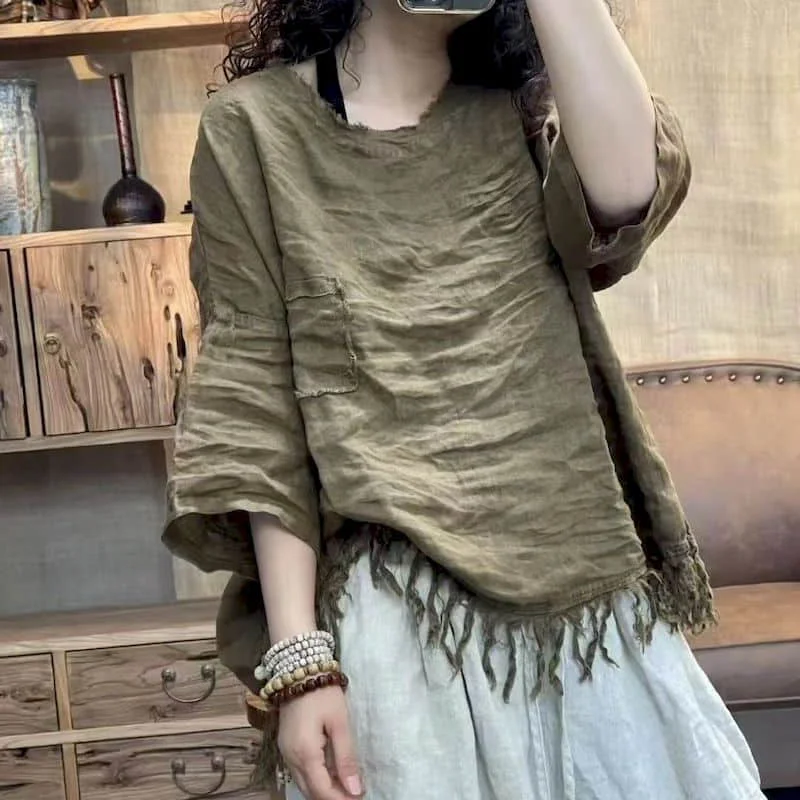 O-neck T-shirts for Women 2026 Summer Aesthetic Vintage Fringe Hem Design Tops Casual Half Sleeve Korean Style Women Clothing