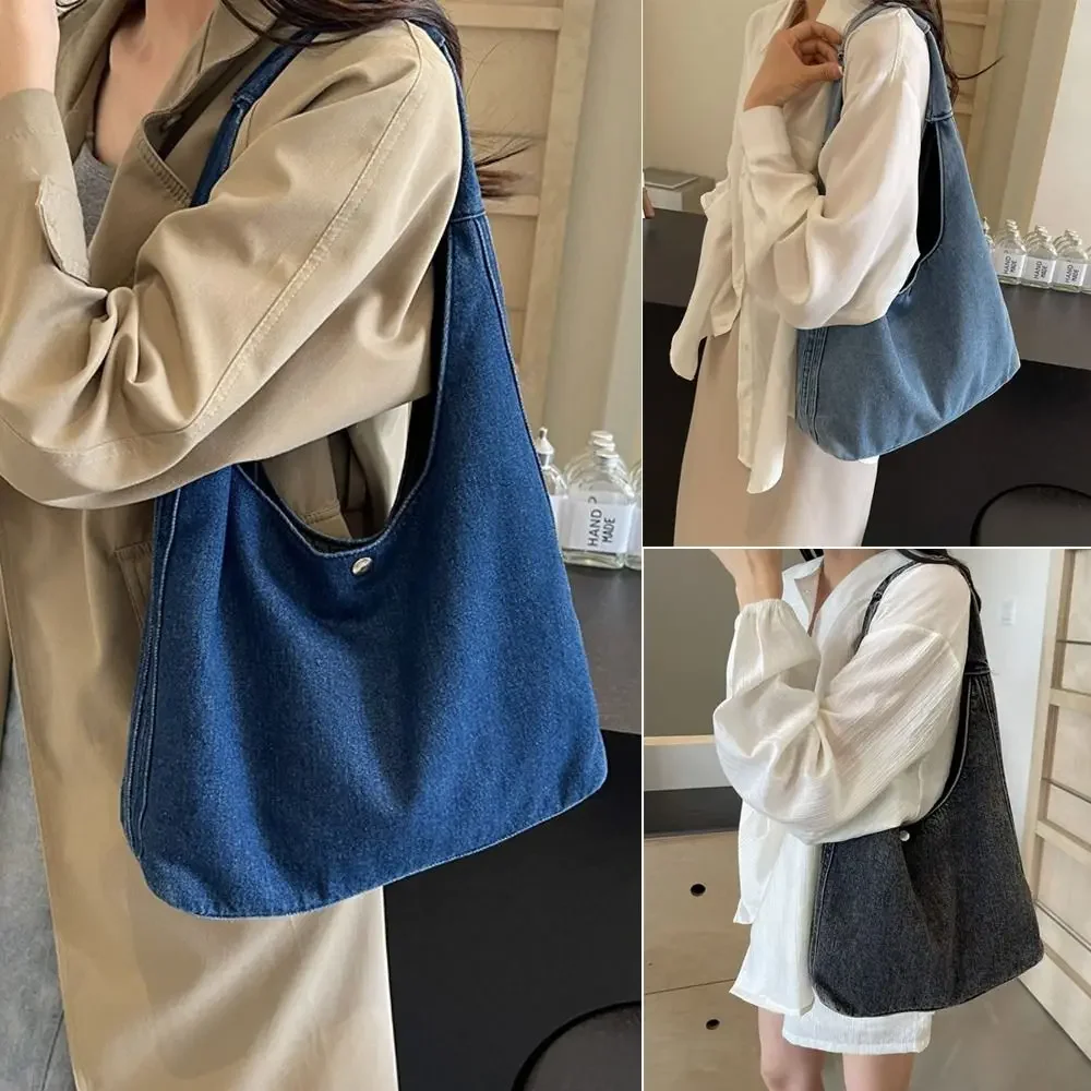 

Korean Style Retro Denim Tote Bag Womens Large Capacity Canvas Shoulder Bag Casual Commuting Versatile Single Strap Bag