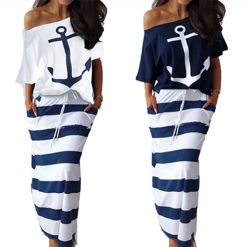 Elegant Women\'s Casual Boat Anchor Print Short Sleeve T-shirt+Skirt Two Piece Set Fashion Summer Tracksuit Skirts Sets For Women