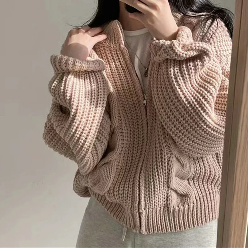 EVNISI Women Zipper Rib Loose Cardigan Coat Lantern Sleeve Knit Warm Sweater Coat Solid Women Fall Winter Casual Office Jacket