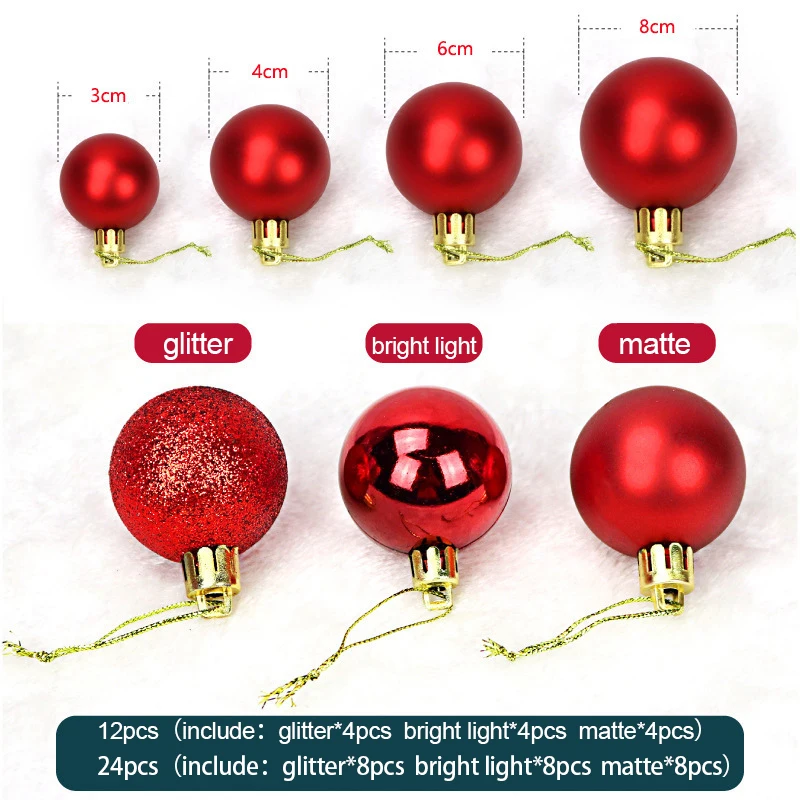 24pcs 3/4/6/8cm Christmas Tree Balls Colorful Glitter/bright/matte Ball Decorations Christmas Tree Ornaments Set for Home Party