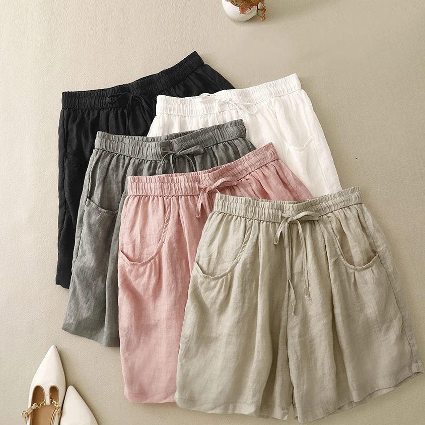 Summer New Style Simple Pure Color Five-Point Pants Loose All-Match Thin Drawstring Waist Slimming Mid-Length Women's Pants