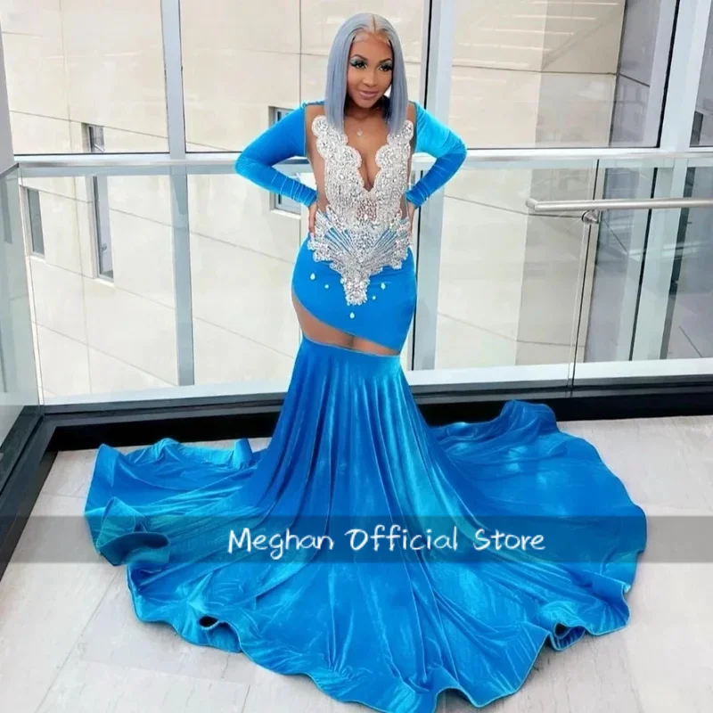 

Long Sleeves African American Prom Dresses For Black Girls Mermaid Beaded Crystals Blue Robe De Soiree Evening Gown Customized