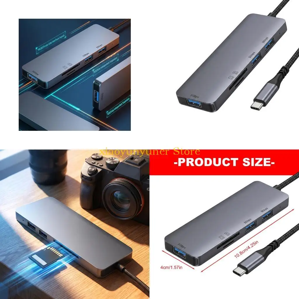 P9JB 5-in-1 USB C Expansion Adapter with Two Card Readers, 3 USB-A Port, Metal Housing and Reinforced Cable for Everyday File