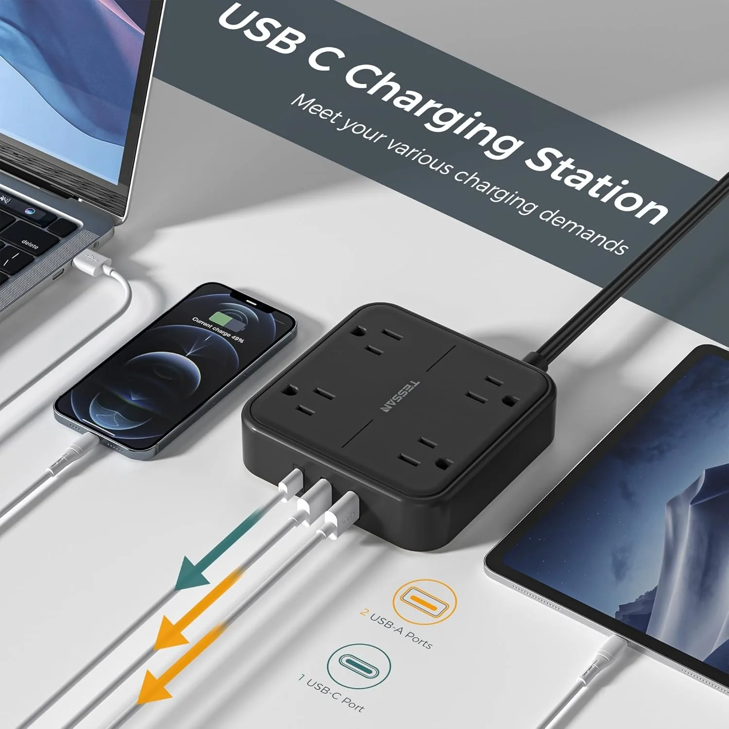 شريط طاقة مسطح رفيع للغاية من تيسان مع 4 منافذ و3 منافذ USB (نوع C)، شريط طاقة 7 في 1 مع كابل تمديد 5 أقدام/10 أقدام/15 قدم