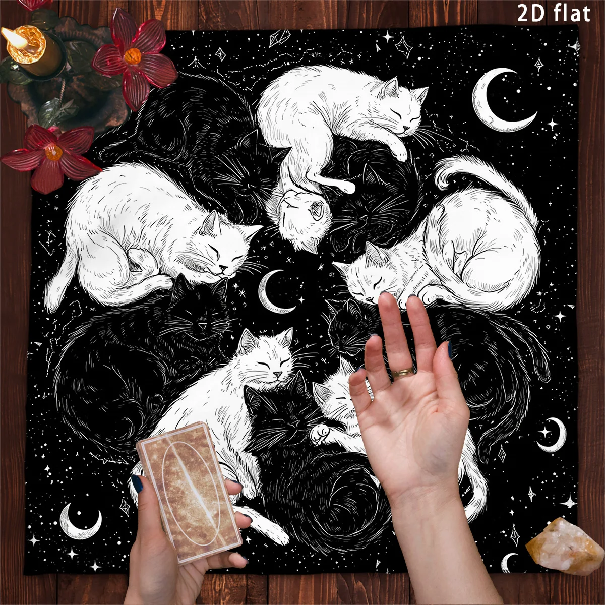 Black & White Cat Tarot Tablecloth Moon Phase & Starry sky Divination Cloth Dream Altar Cloth Card Pad Home Decor Art Poster - view 3