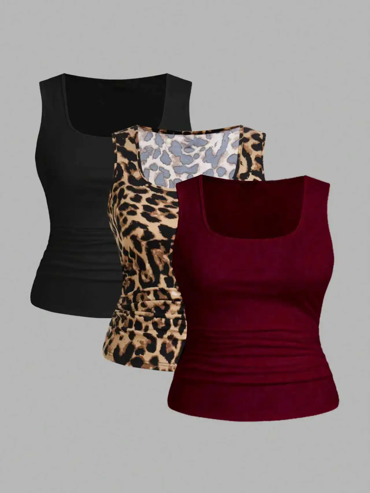 

Plus Size Women's 3 Piece Square Neck Ruched Tank Top Set (Leopard & Solid)