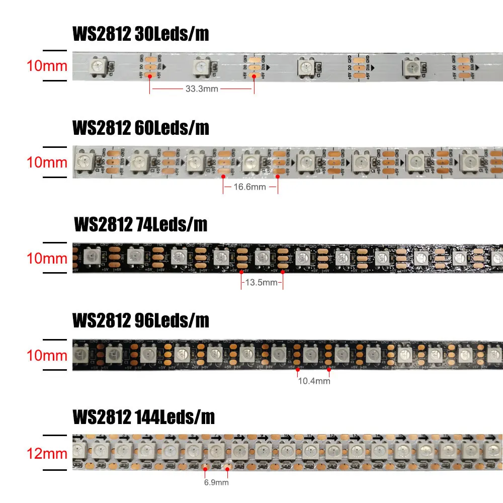 WS2812B Led Strip Individually Addressable Smart RGB 5050 WS2812 Pixel Light DC5V Black/White PCB 30/60/144led IP30 IP65 IP67