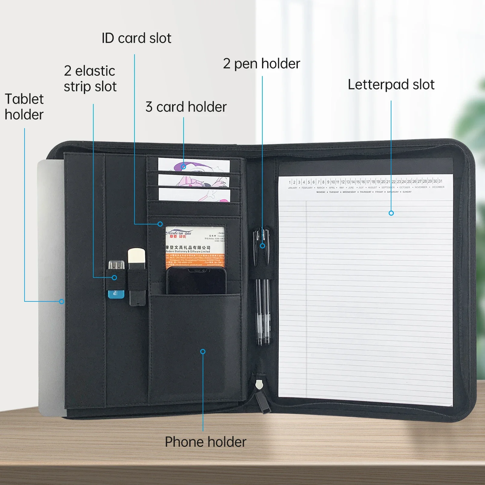 Bisofice Zippered Business Padfolio A4 PU منظم محفظة جلدية للمقابلة استئناف وثيقة مخطط جدول الأعمال