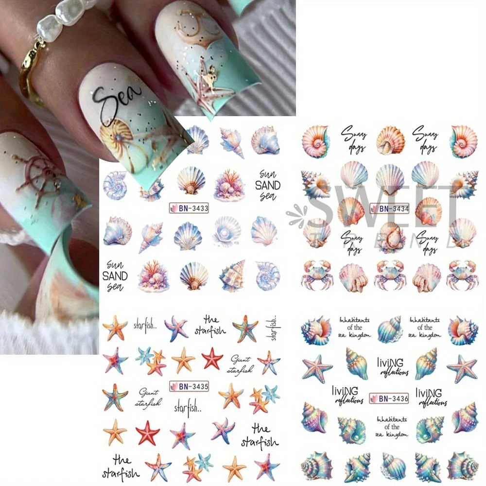 Pegatinas de decoración de uñas de océano, calcomanías de transferencia de agua, 12 diseños, concha, estrella, pez, caballito de mar, medusas, algas, marca de agua, decoración deslizante