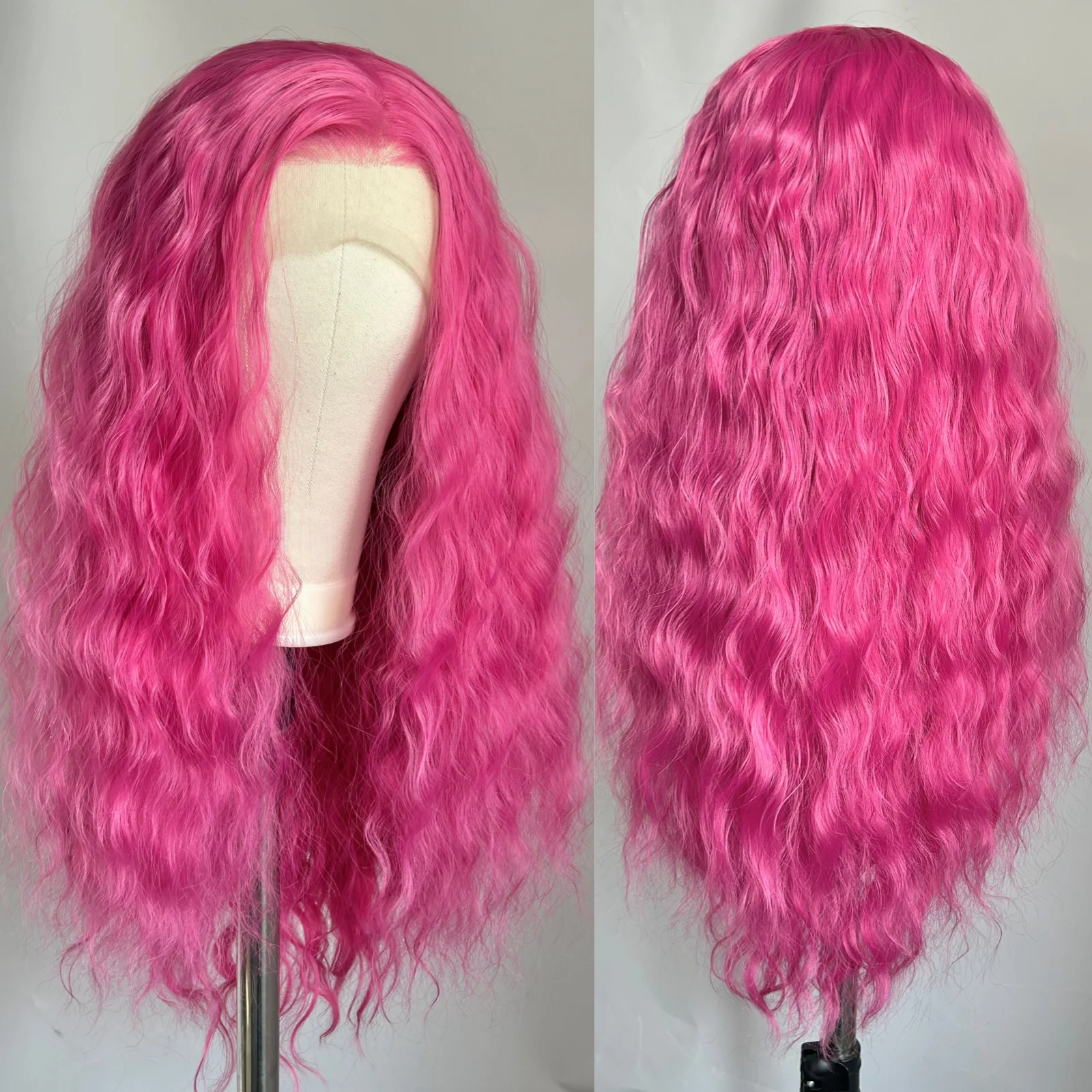 

Длинный розовый вьющийся волнистый парик Синтетические парики спереди для женщин Парик с естественной волной Розовый Розовый Красный Цвет Термостойкий Косплей Ежедневно