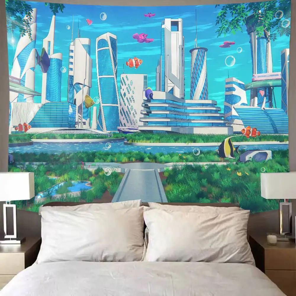 Futuristic Underwater City Tapestry Colorful Tropical Fish Bubble Ocean Skyscraper Landscape Fantasy Seafloor Building Decor