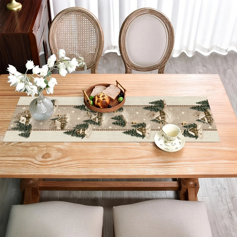 Christmas Table Runner Winter Snow Cabin Pine Tree Print Multi Sizes Tablecloth Dining Table Kitchen Living Room Xmas Holiday Ho