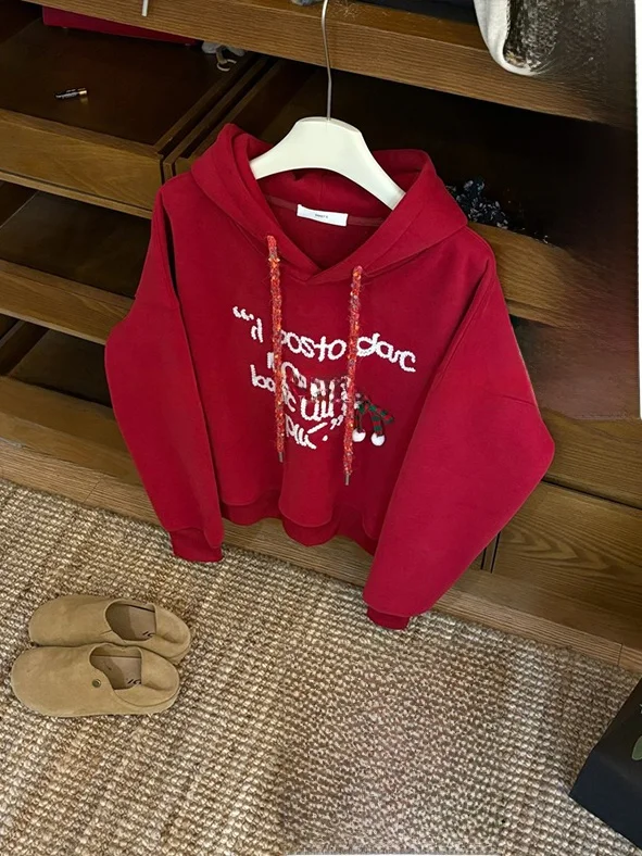 

Утепленная толстовка с вышивкой для женщин, осенне-зимняя, свободного кроя, теплая, повседневная, универсальная, маленького размера, красная, Aosphere