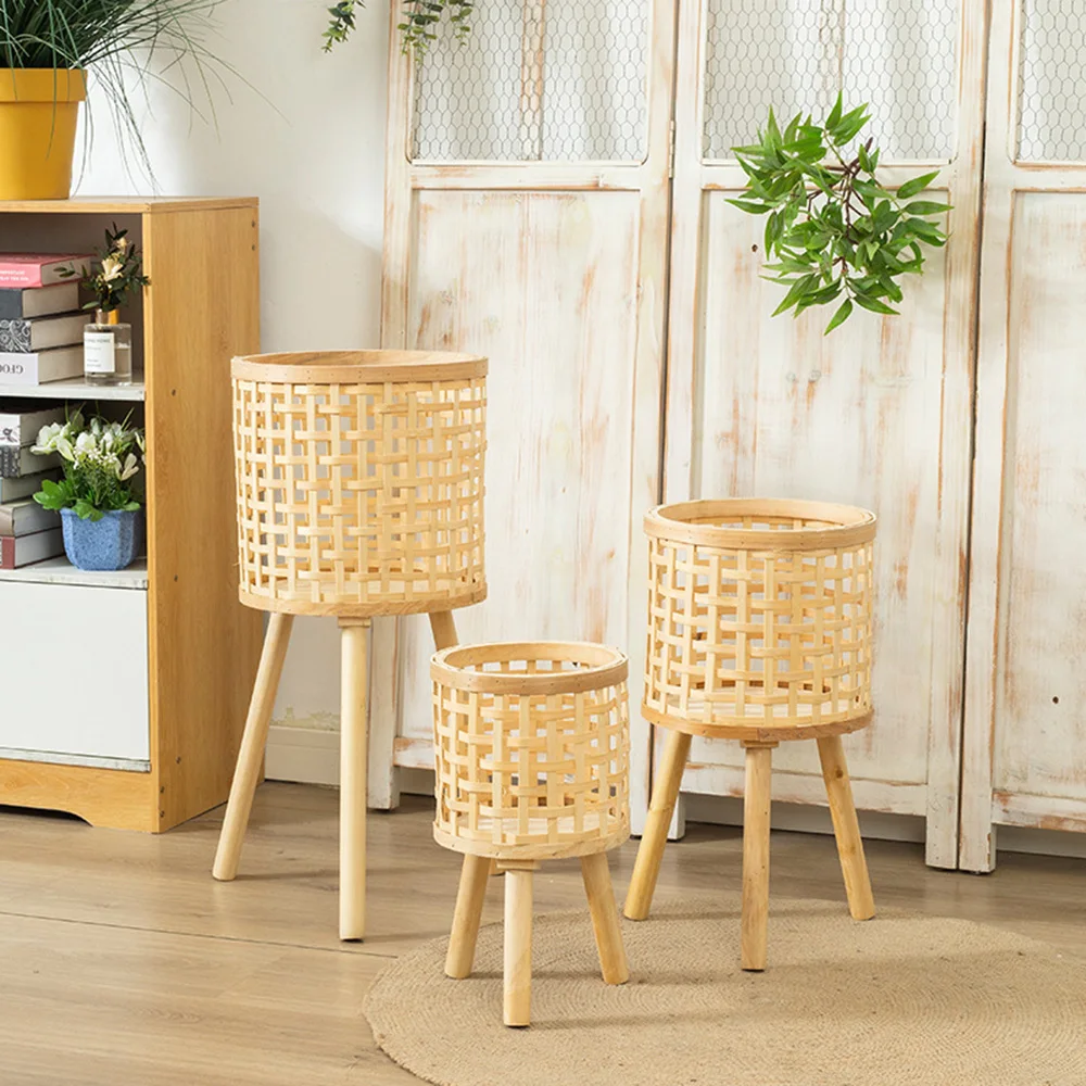 Maceta de ratán trenzada hecha a mano, maceta de bambú con soporte, soporte de almacenamiento de plantas, macetas de guardería DIY, decoración del hogar, Pastoral Nórdico