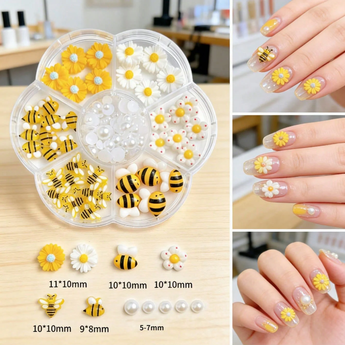 1Box 3D Bee Daisy Nail Charms Set Cute Cartoon Flower Bee Resin Nail Art Decors with Pearls Summer DIY Manicure & Salon Nail Art