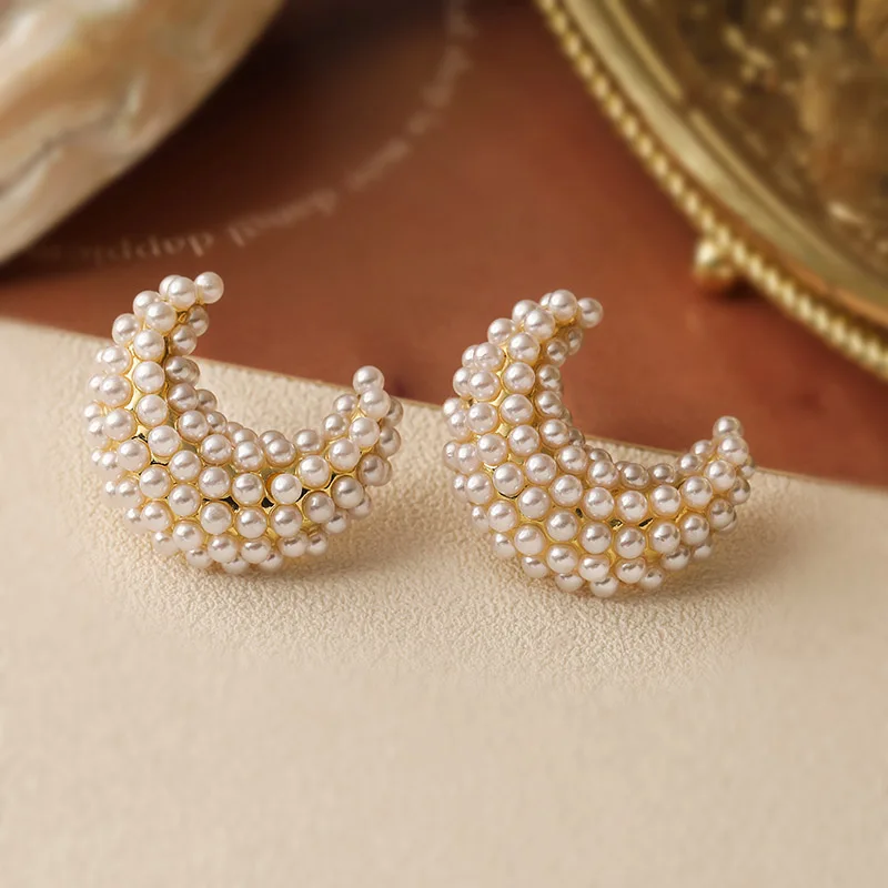 HECHENG, French Temperament Light Luxury Style Pearl Earrings Female Niche Design Senior Sense Of water Drop Bow Flower Petal