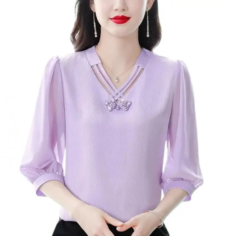 NEW Solid Color Chiffon Shirt Women\'s New Summer V Neck Bottoming Top 3/4 Sleeve Versatile Pullovers Chiffon Blouse