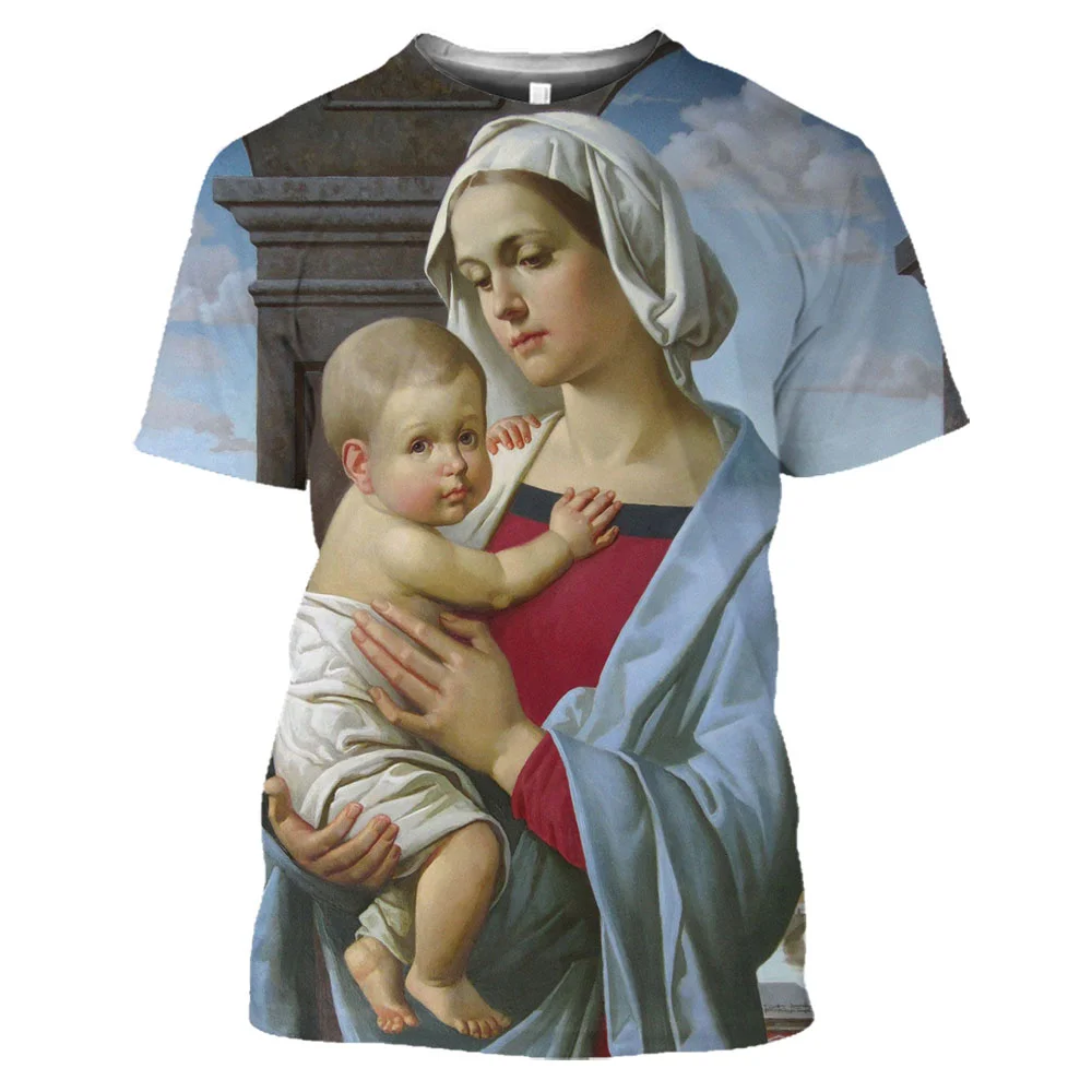 Fashion T-Shirt for Women 3D Print Catholic Virgin Mary Pattern Round Neck Short Sleeve Tees Y2k Casual Retro Streetwear Tops