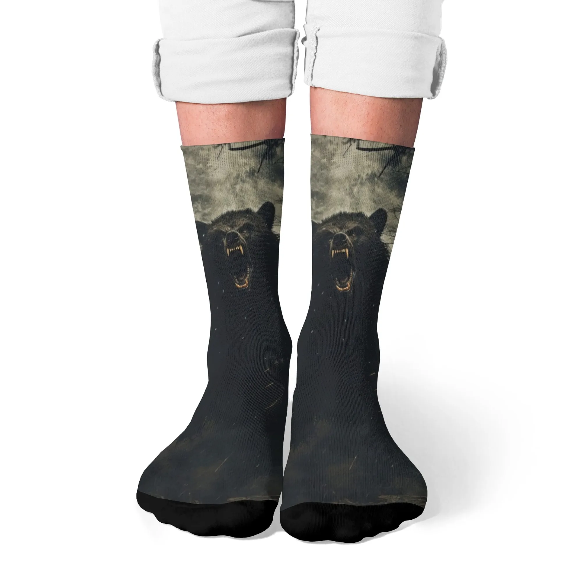 Roaring Black Bear Print Herrensocken, bequem, atmungsaktiv, rutschfest, Freizeitsocken, Neuheit, Harajuku, Retro, Street, Hip-Hop-Socken
