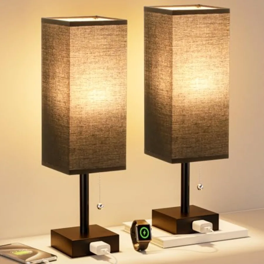 

Black Table Lamps for Bedroom Set of 2 - Nightstand Lamp with AC Outlet Charging Port, 3 Color Temperatures Desk Light with Bul