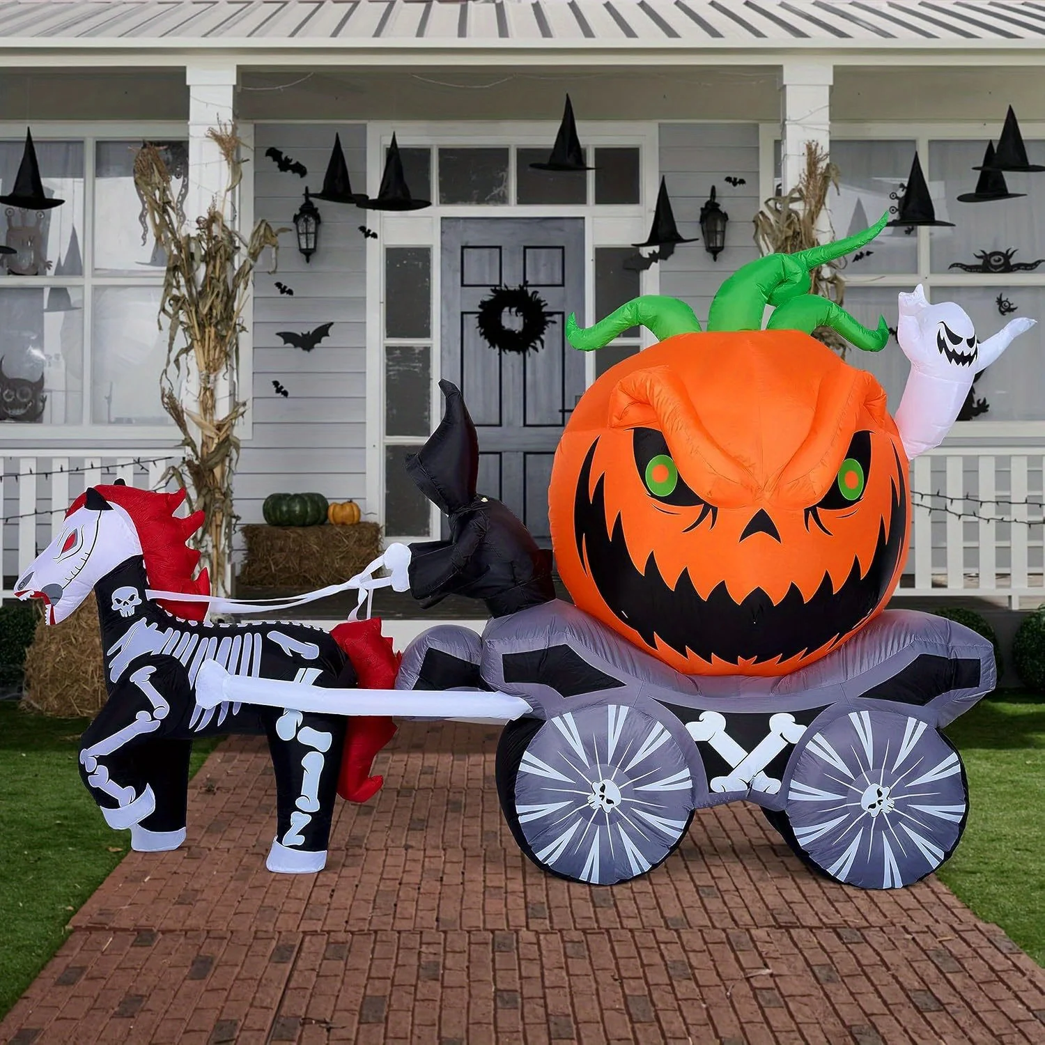 8 Ft Long Halloween Inflatables Pumpkin Carriage Outdoor Decorations Blow Up Pumpkin Carriage with Build-in LEDs Blow Up for Yard, Halloween Inflatables Party Decoration Outside Garden Lawn 2