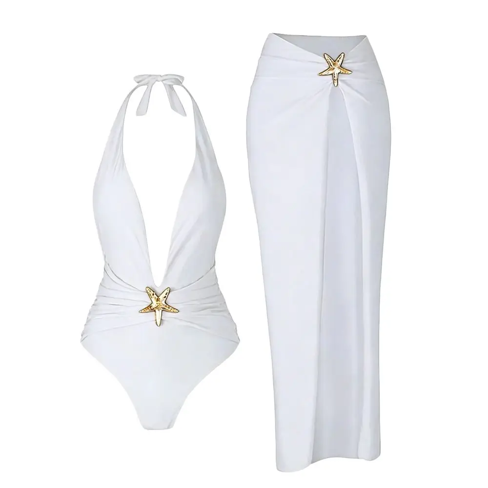 

2Pcs/Set Fashion Summer Backless Swimsuit Set Casual Polyester Women Swimwear Beachwear V Neck Bathing Suit Holiday