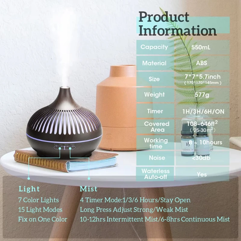 Wireless 500ML Aromatherapy Essential Oil Diffuser Woodstove Ultrasonic Air Humidifier Cool with 7 Color LED Lights