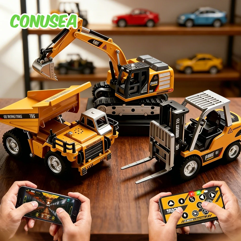 1/64  Mini Alloy Forklift Excavator RC Car APP 2.4G Remote Control Engineer Vehicle Toys for Boys Adults Children's Day Gifts