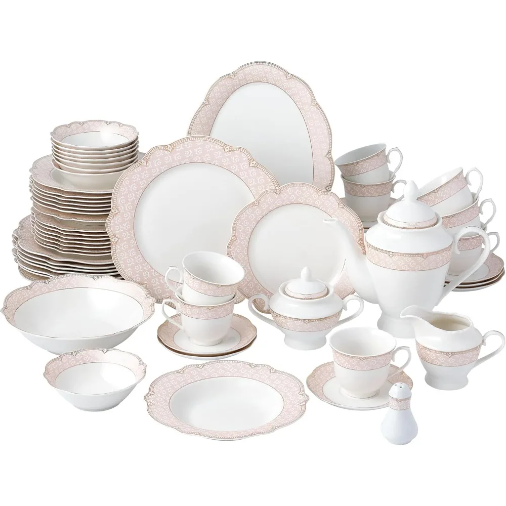 

Набор столовой посуды из костяного фарфора, 57 предметов, сервис на 8 лет, румяно-розовый и золотой