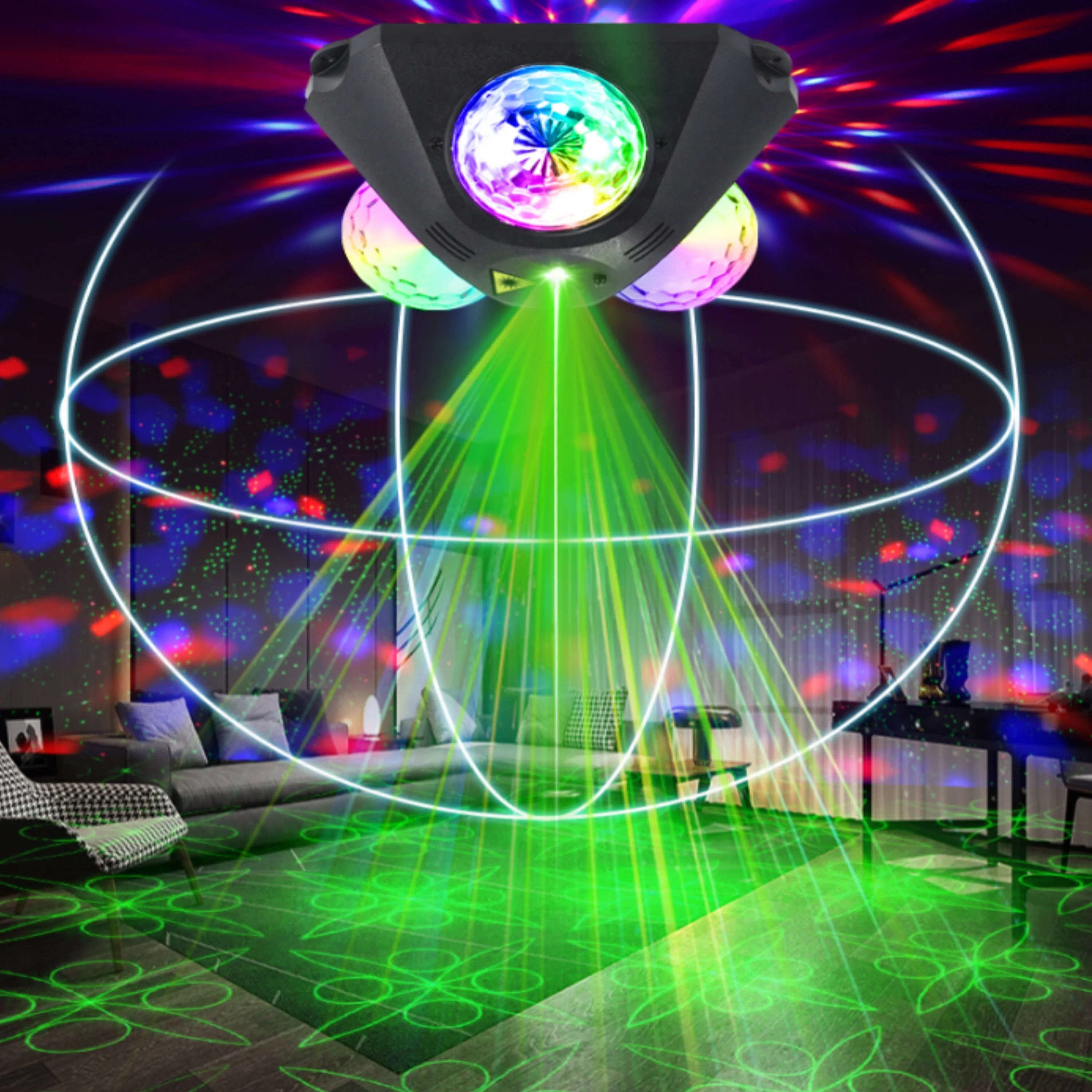 Party Lights Dj 3-Head Disco Ball Light with Pattern Projection and Sound Control with Remote Control Laser Light Rgb Colorful Background Light