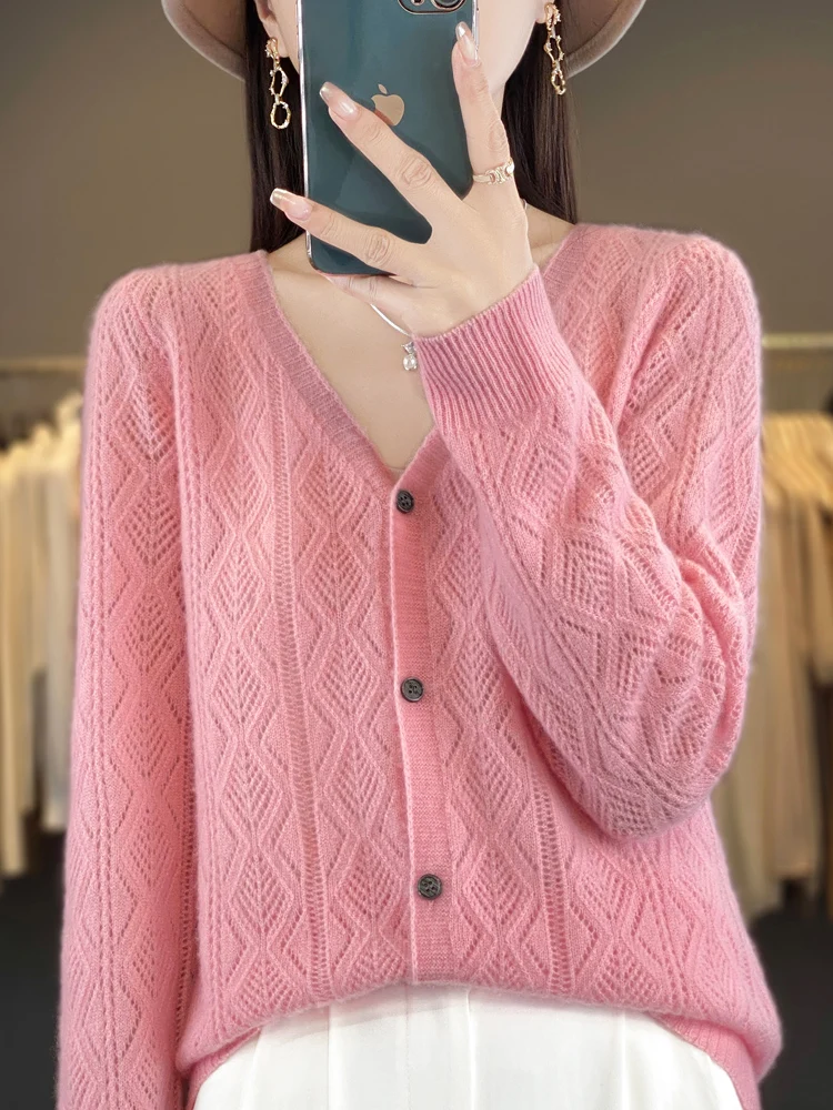 Women 100% Merino Wool V-Neck Cardigan Autumn New Cashmere Sweater Quality Soft Hollow Out Knitwear Casual Tops Clothing Korean