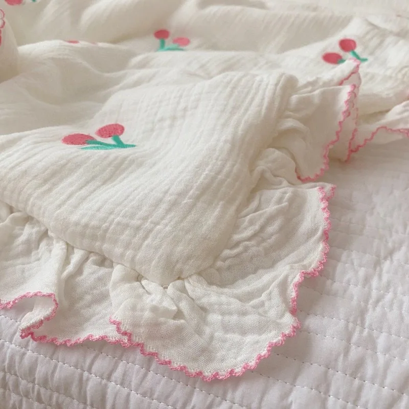 Winter Thick Embroidery Cherry White Muslin Cotton Blanket With Lace, Ruffled Baby Quilt Baby Comforter Princess Baby Duvet