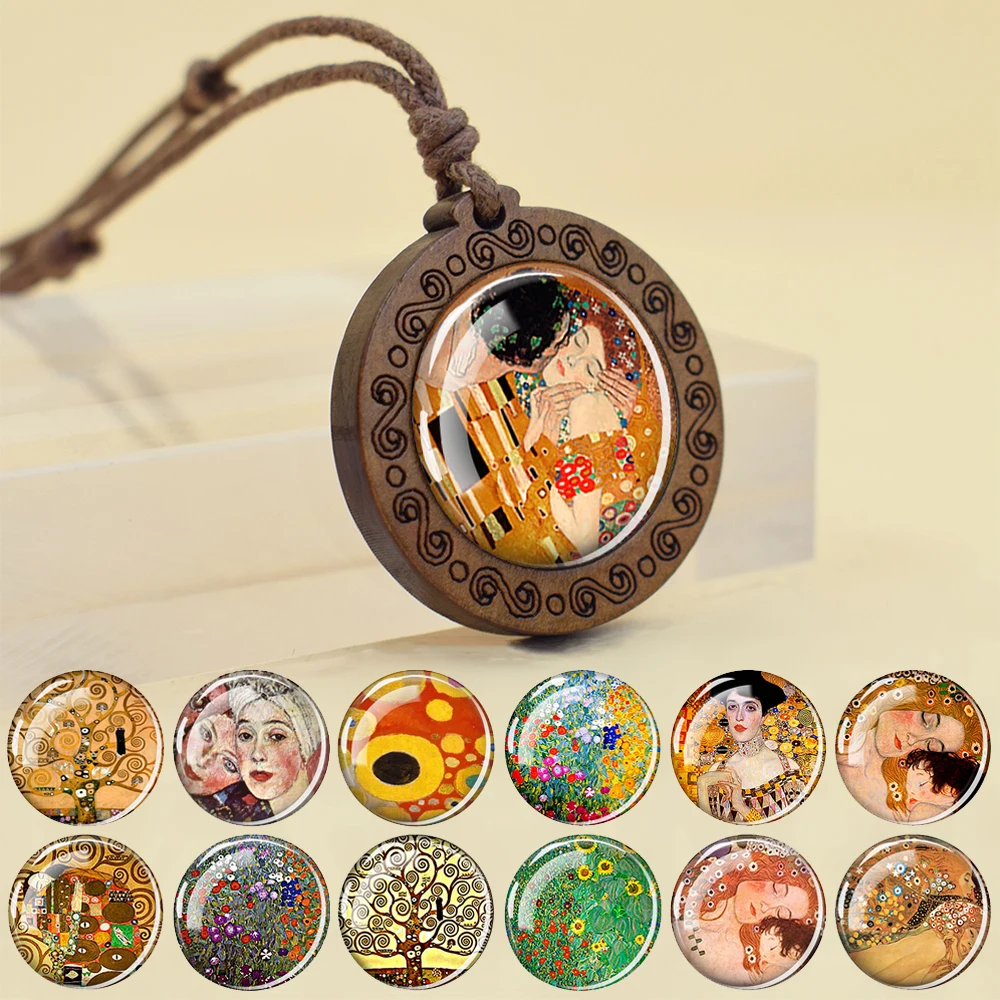 The Kiss Oil Painting Pendant Necklace Tree of Life Fulfillment Glass Dome Wooden Pendants Necklaces Gustav Klimt Art Jewelry