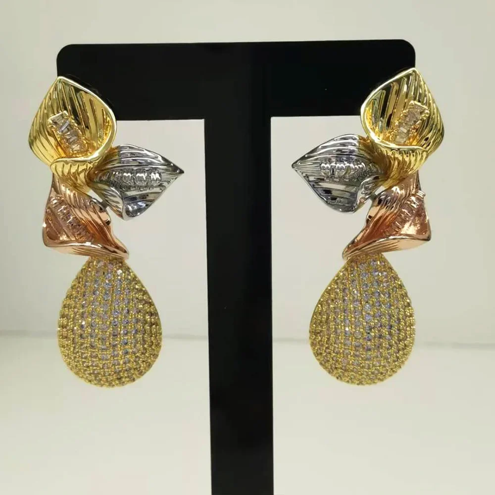 

Kellybola Trendy Lily Flower Charms Statement Dangle Earrings For Women Wedding Fashion Cubic Zircon Bohemia Jewelry