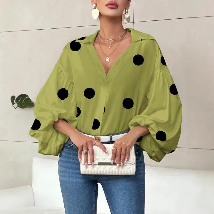 2025 Primavera Autunno Nuovo Alla Moda Polka Dot Mezza Colletto Camicia da Donna Casual Allentato Bolla a maniche lunghe Ufficio Magliette E Camicette Femminile