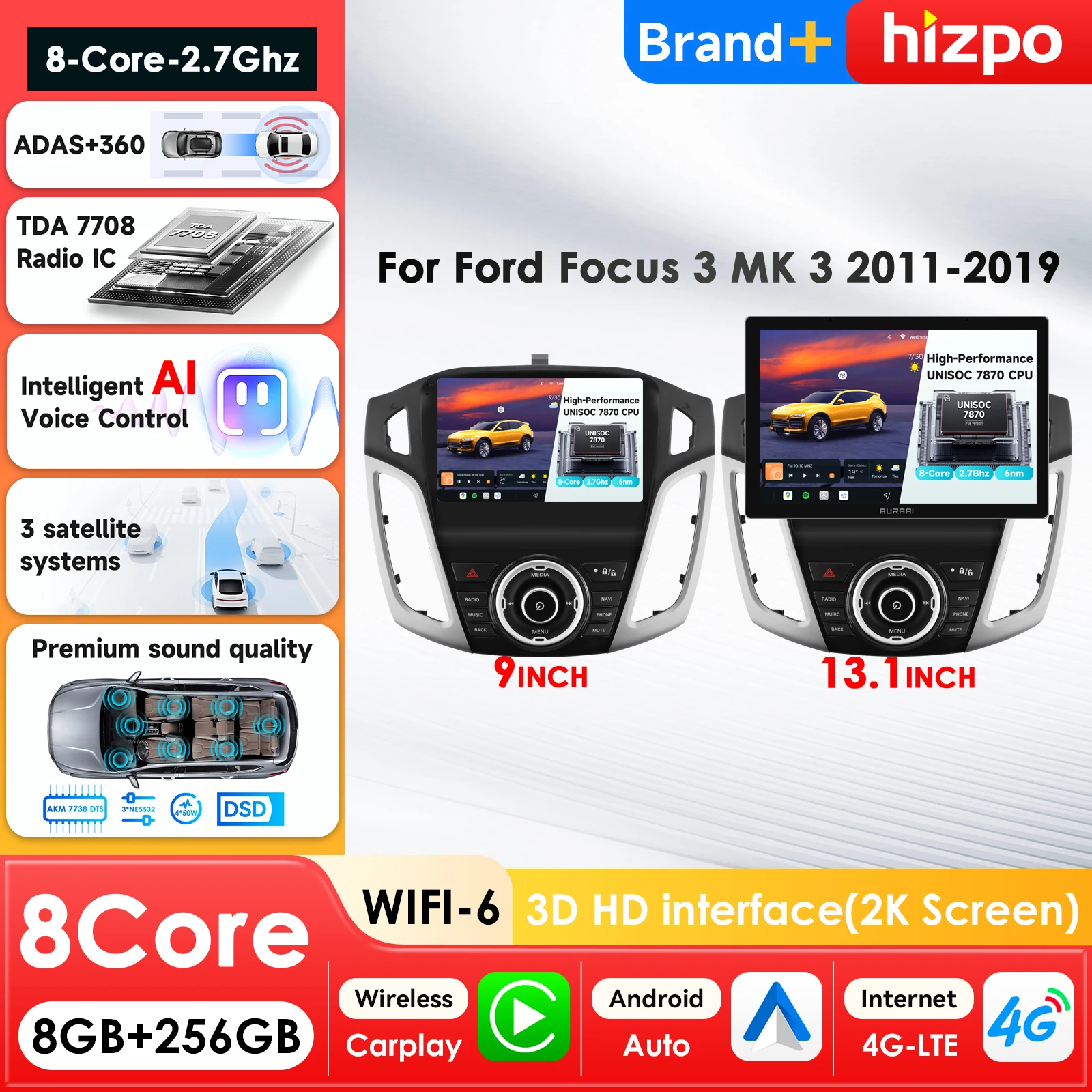 

Автомобильный мультимедийный плеер AURA AI 3D Screen 8Core для Ford Focus 3 Mk3 2004-2011 с ручным управлением кондиционером, GPS, Carplay, Авторадио