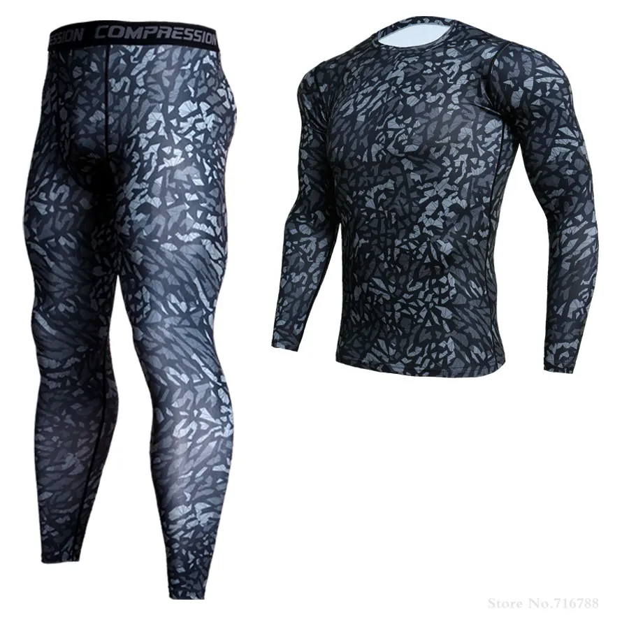 2 peças de compressão MMA manga longa t-shirt e leggings conjunto para homens, kit rashguard, camisola de camuflagem, fitness roupa interior térmica