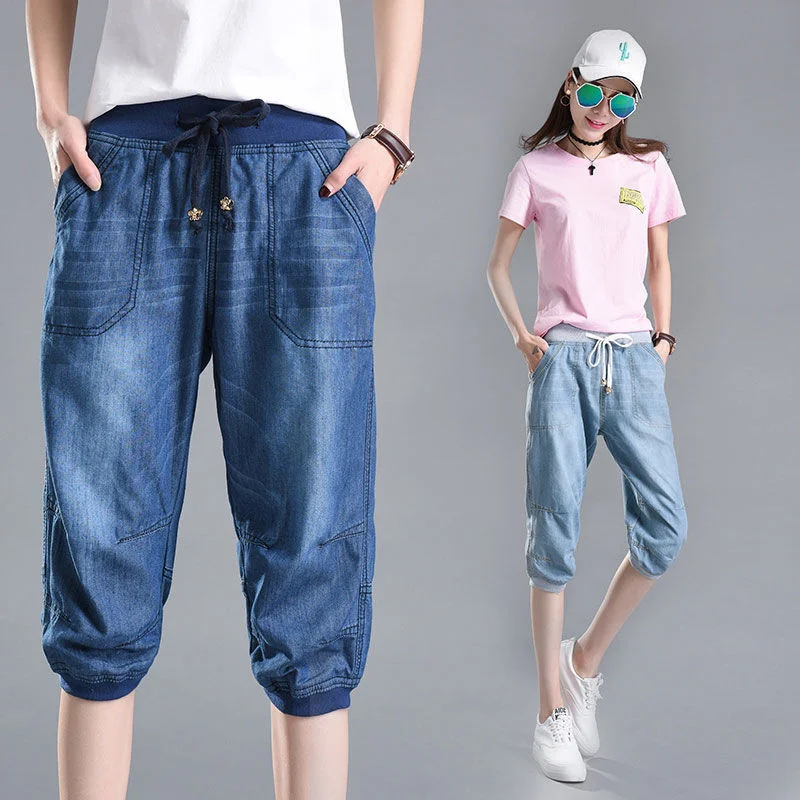 Imagem -04 - Verão Capris Calças de Brim para Mulher Streetwear Bezerro-comprimento Harem Calças Mulher Solta Cintura Alta Denim Calças Curtas Casuais Feminino